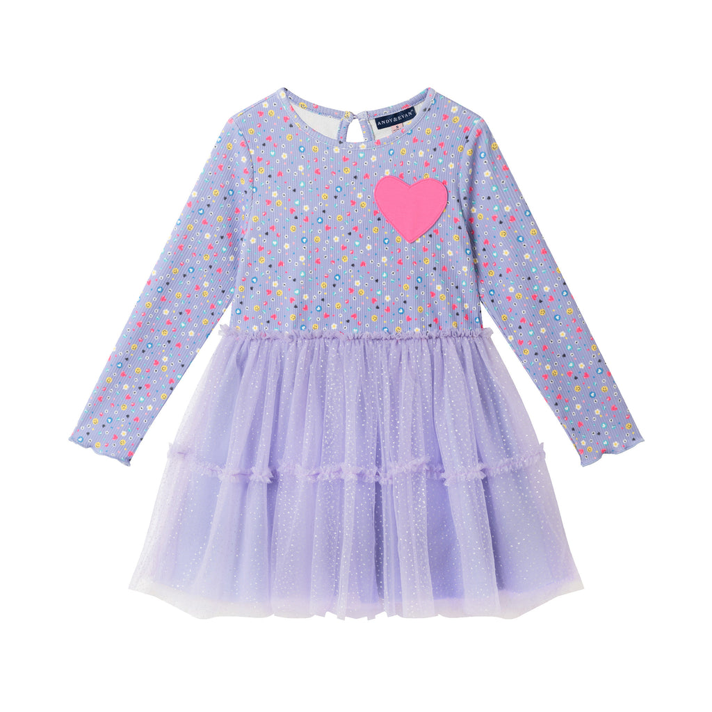 Kids Printed Rib Knit Dress | Purple Hearts - Andy & Evan