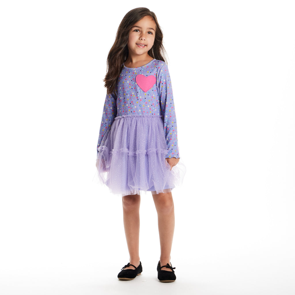 Kids Printed Rib Knit Dress | Purple Hearts - Andy & Evan