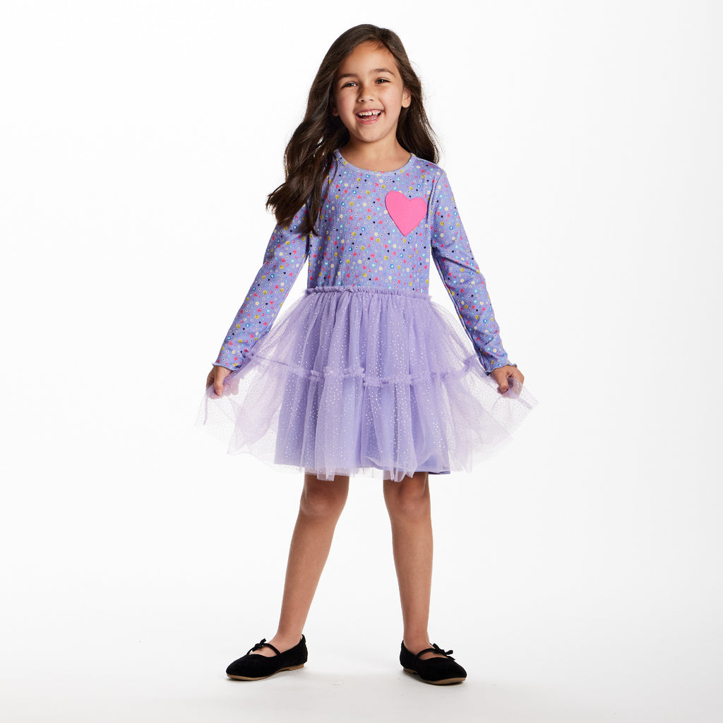 Kids Printed Rib Knit Dress | Purple Hearts - Andy & Evan