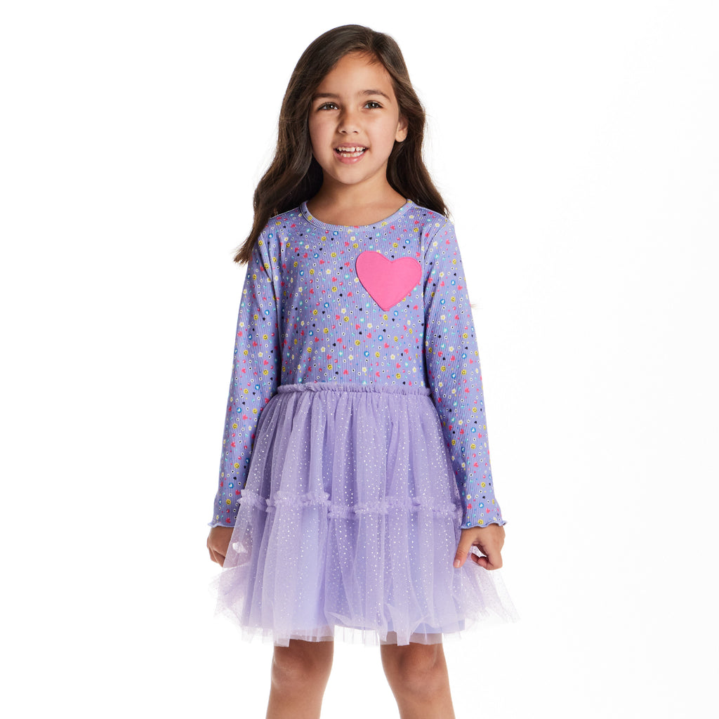 Kids Printed Rib Knit Dress | Purple Hearts - Andy & Evan