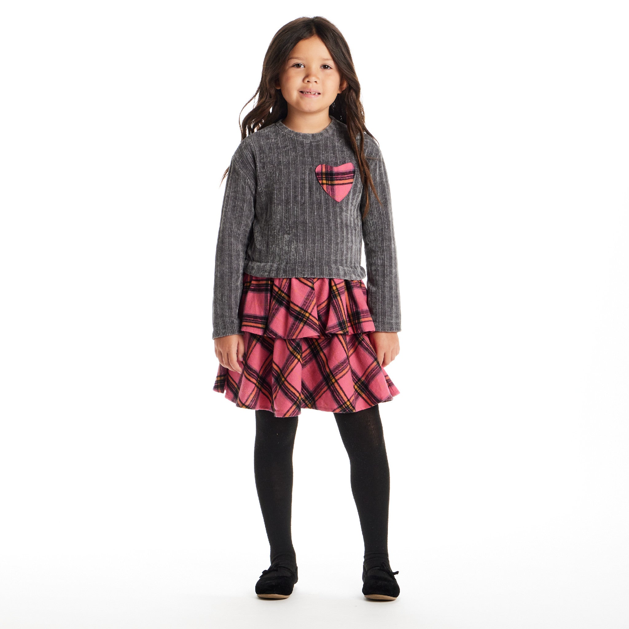 Toddler & Kids (2-6X) Knit Top Plaid Skirt Dress - Grey & Pink Flannel Heart - Cozy Sweet Fall - Andy & Evan Toddler & Kids (2-6X) Knit Top Plaid Skirt Dress - Grey & Pink Flannel Heart - Cozy Sweet Fall - Andy & Evan