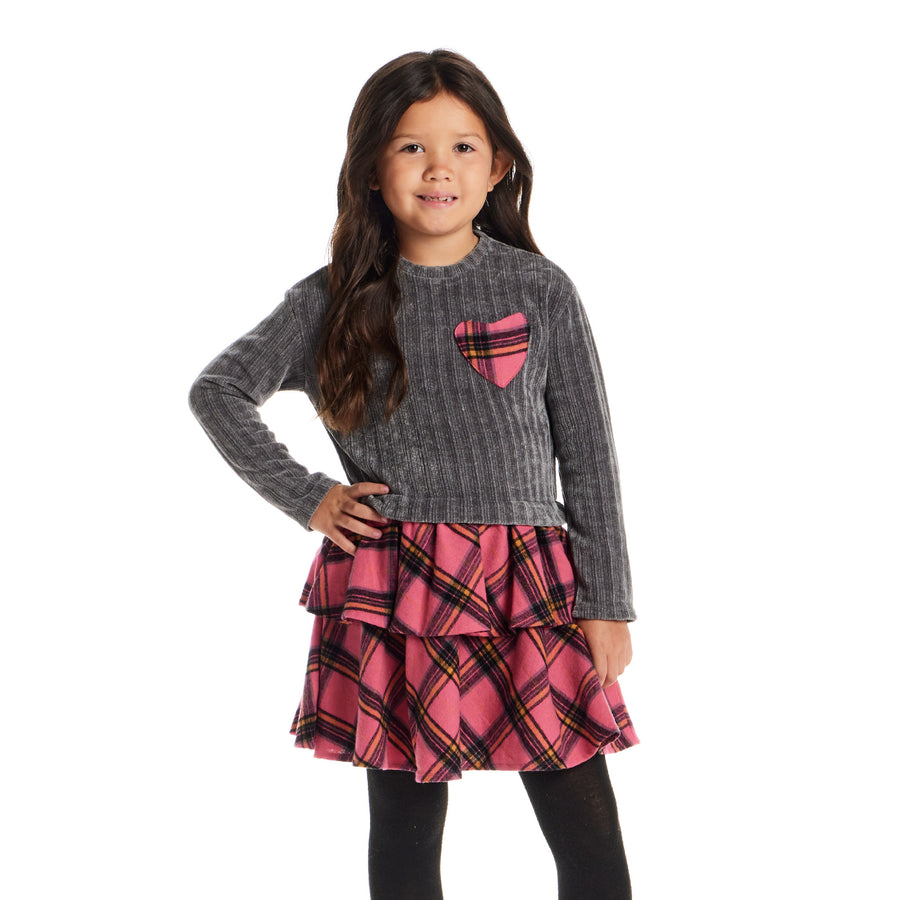 Toddler & Kids (2-6X) Knit Top Plaid Skirt Dress - Grey & Pink Flannel Heart - Cozy Sweet Fall - Andy & Evan Toddler & Kids (2-6X) Knit Top Plaid Skirt Dress - Grey & Pink Flannel Heart - Cozy Sweet Fall - Andy & Evan