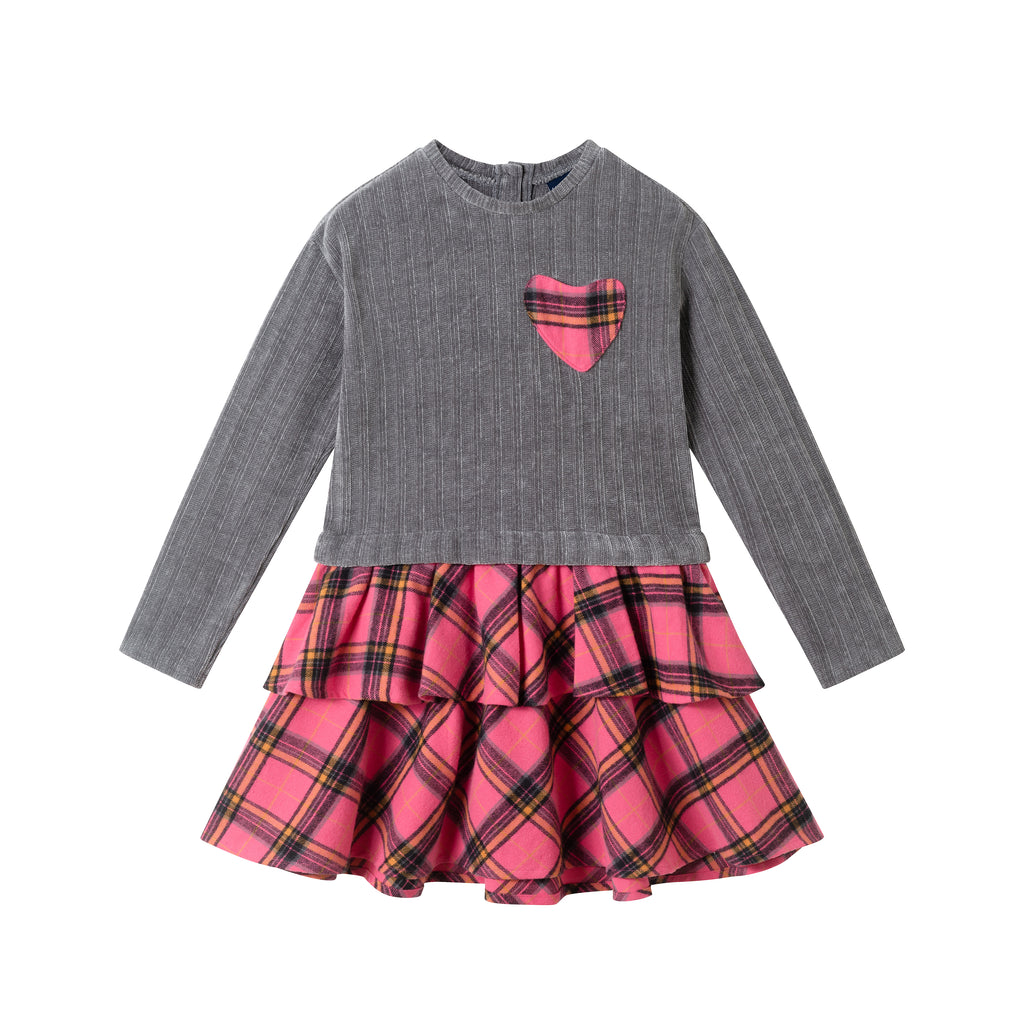 Kids Knit Top Plaid Skirt Dress | Grey & Pink Heart - Andy & Evan