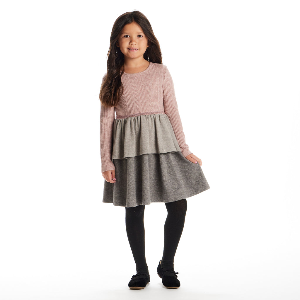 Kids Knit Tiered Dress | Pink Colorblock - Andy & Evan