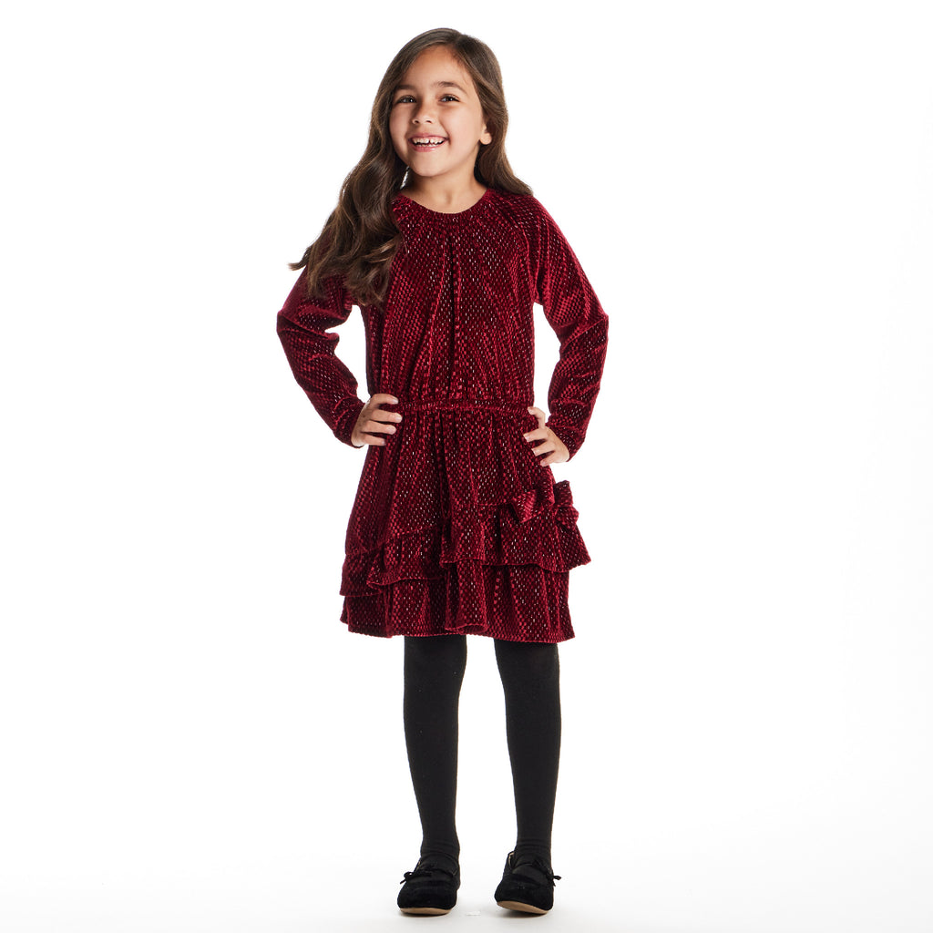 Kids Red Velvet Asymmetrical Tiered Dress | Red Checkered - Andy & Evan