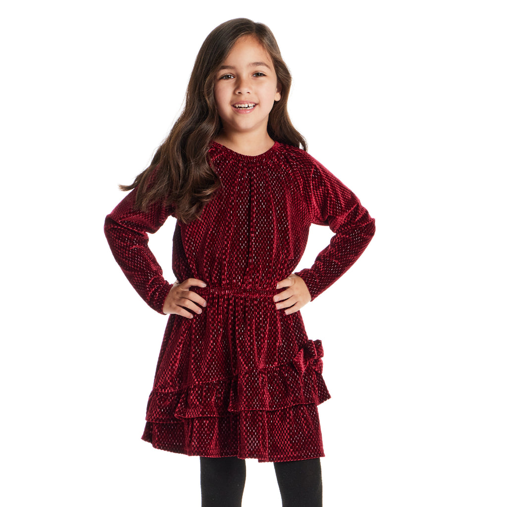 Kids Red Velvet Asymmetrical Tiered Dress | Red Checkered - Andy & Evan