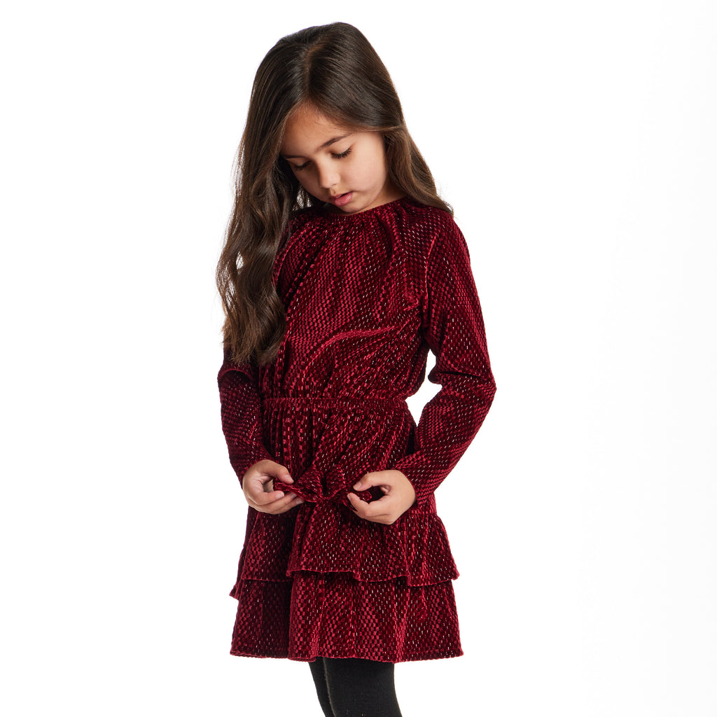 Kids Red Velvet Asymmetrical Tiered Dress | Red Checkered - Andy & Evan