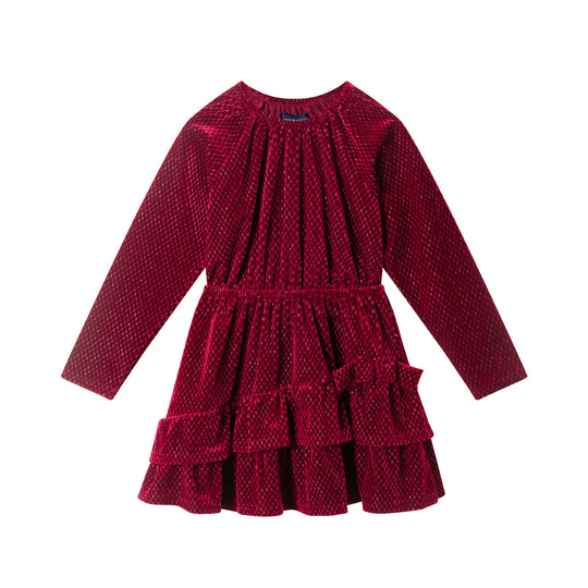 Kids Red Velvet Asymmetrical Tiered Dress | Red Checkered