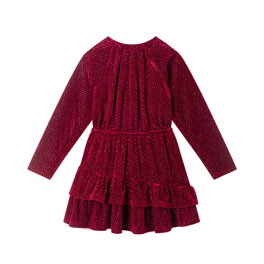 Kids Red Velvet Asymmetrical Tiered Dress | Red Checkered - Andy & Evan