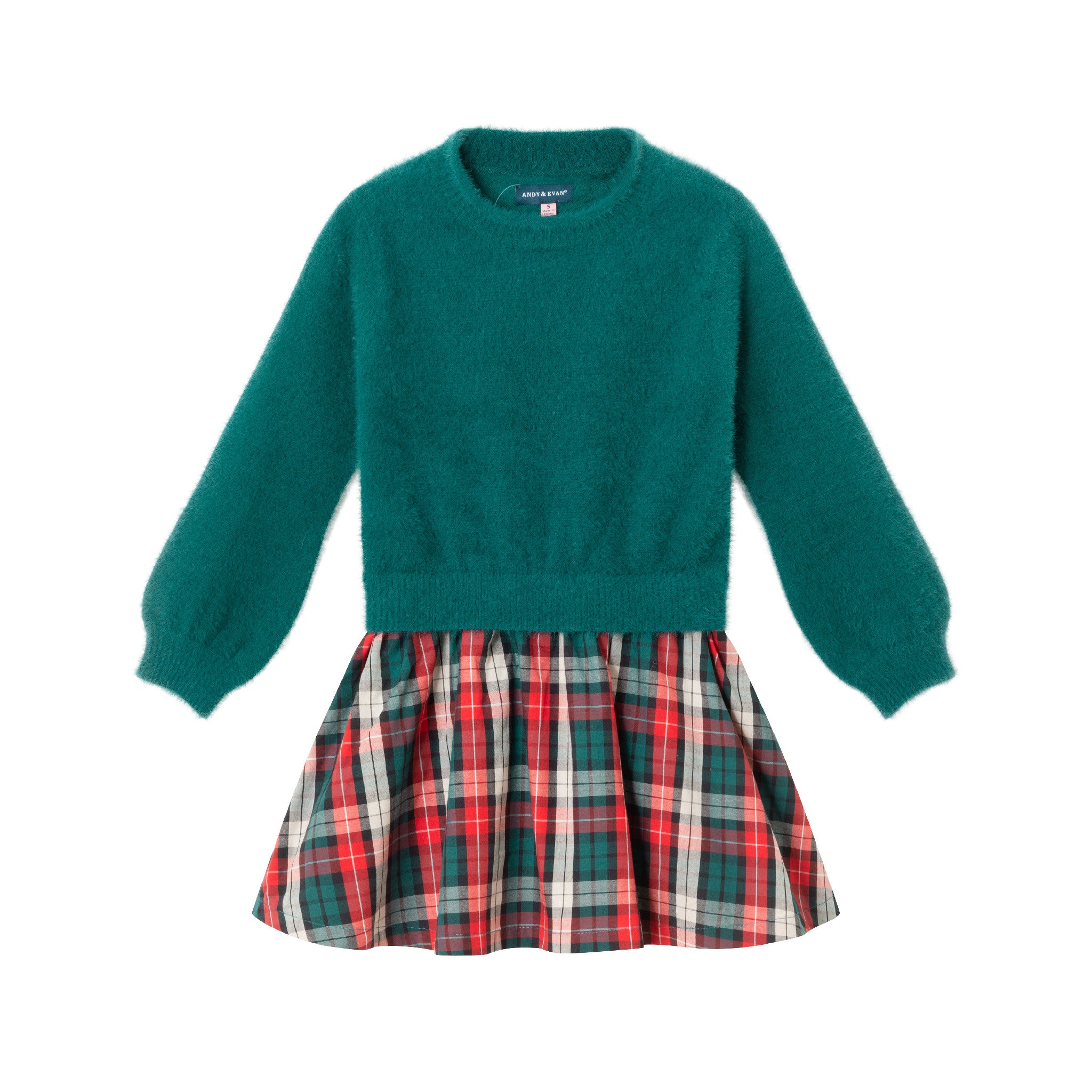 Toddler & Kids (2-6) Fuzzy Sweater Dress - Green Top with Holiday Plaid Skirt - Cozy Classic - Andy & Evan Toddler & Kids (2-6) Fuzzy Sweater Dress - Green Top with Holiday Plaid Skirt - Cozy Classic - Andy & Evan