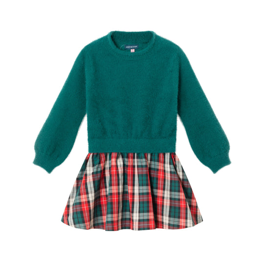 Kids Knit Twofer Dress | Green Plaid