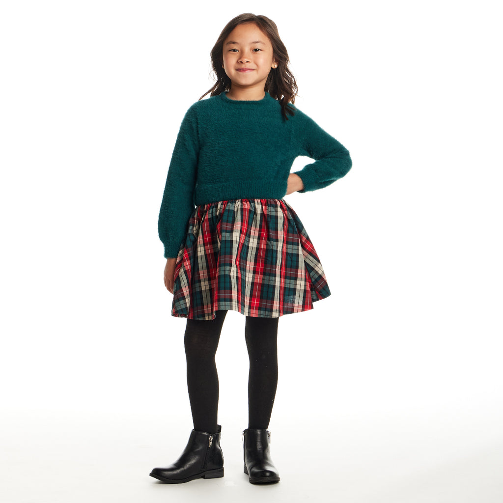 Kids Knit Twofer Dress | Green Plaid - Andy & Evan