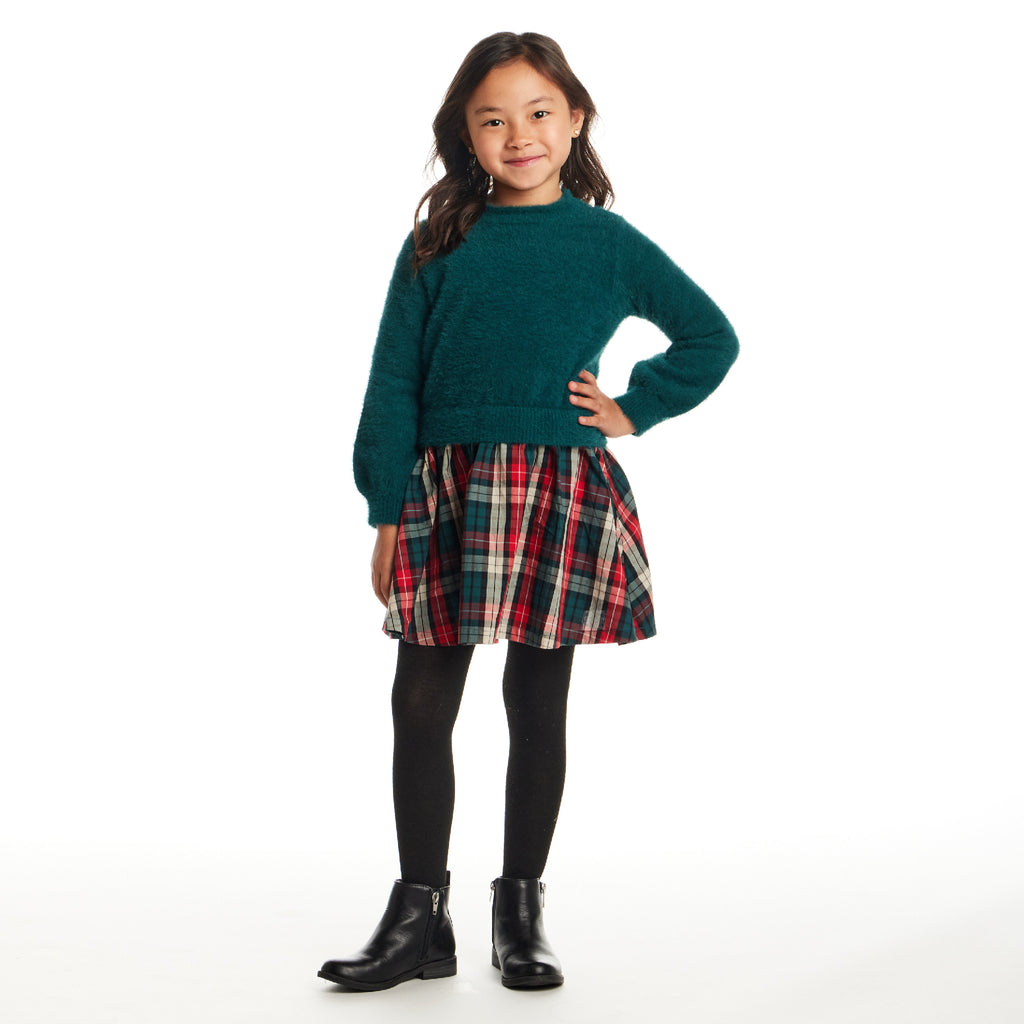 Kids Knit Twofer Dress | Green Plaid - Andy & Evan