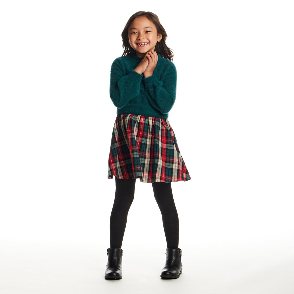 Kids Knit Twofer Dress | Green Plaid - Andy & Evan