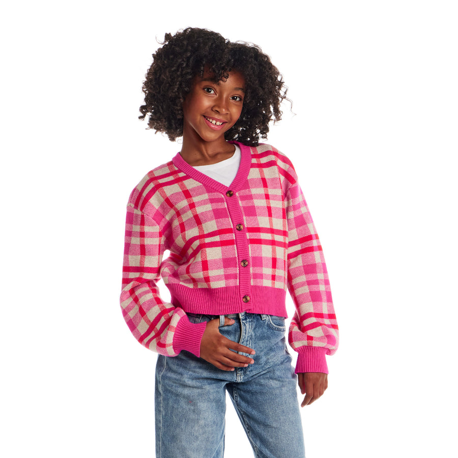 Girls Pink Plaid Cardigan - Button-Up Cropped Sweater (7-16