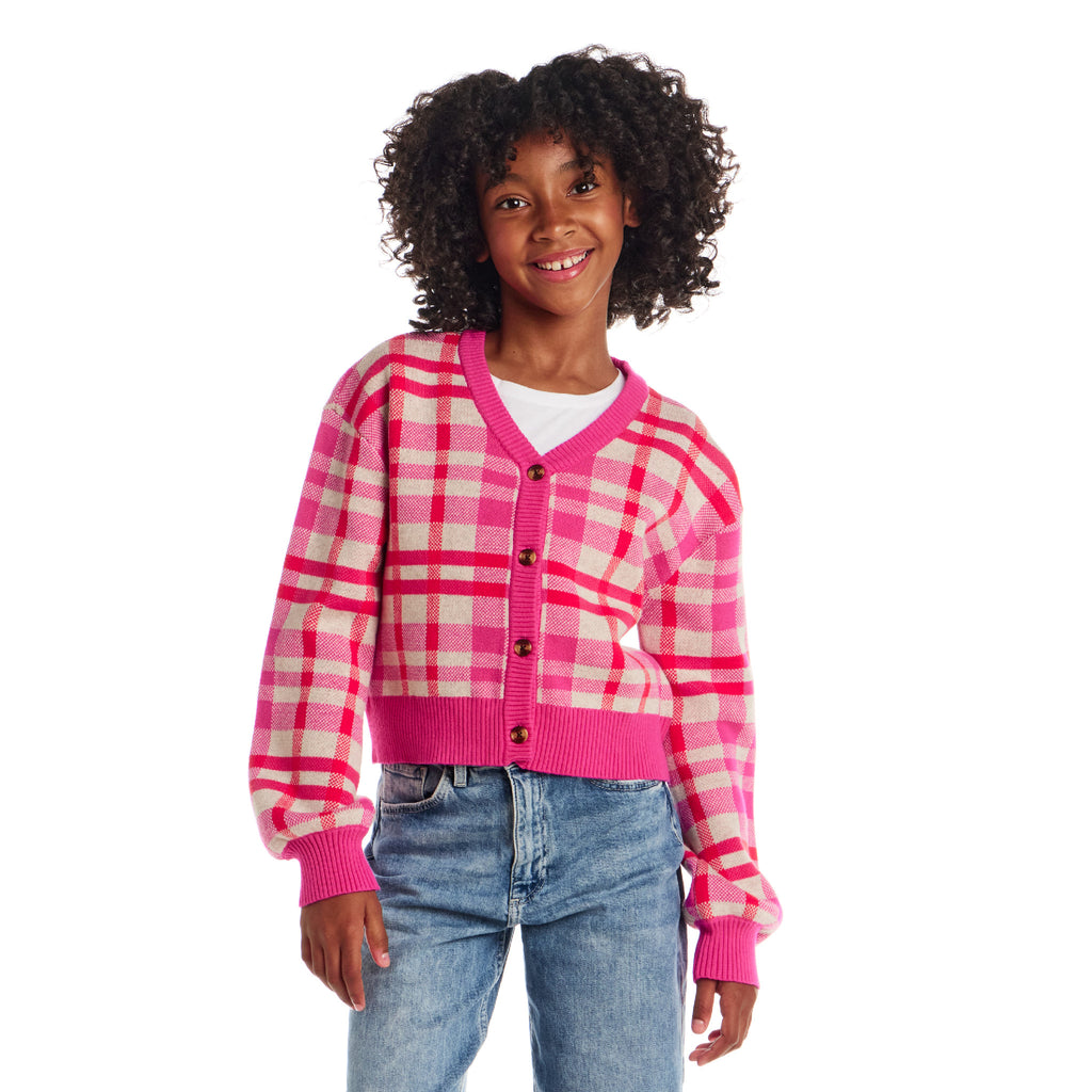 Tween (7-16) Cardigan | Pink Plaid - Andy & Evan