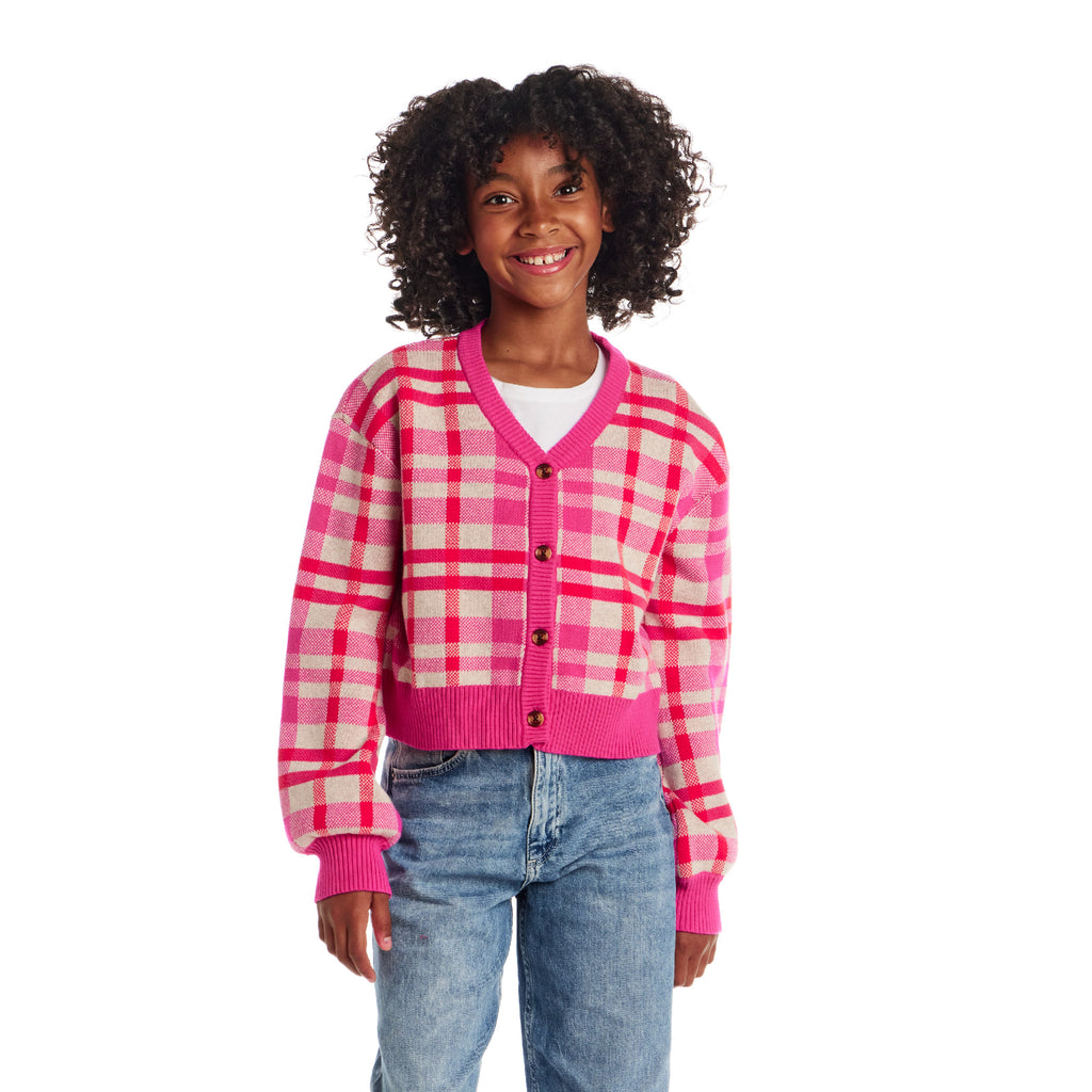 Tween (7-16) Cardigan | Pink Plaid - Andy & Evan