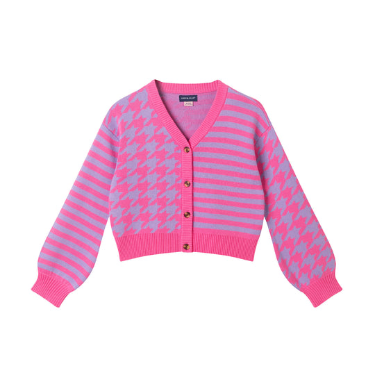 Tween (7-16) Stripe Cardigan | Pink Houndstooth