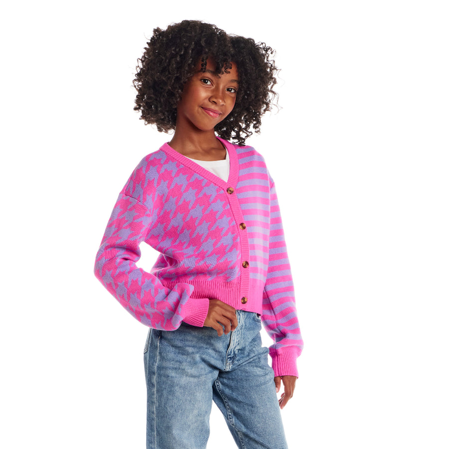 Girls Pink Houndstooth Cardigan - Knit Button-Up Sweater (7-16