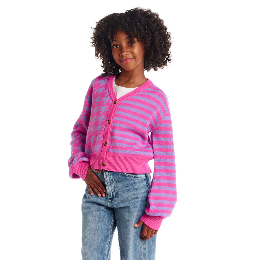 Girls Pink Houndstooth Cardigan - Knit Button-Up Sweater (7-16