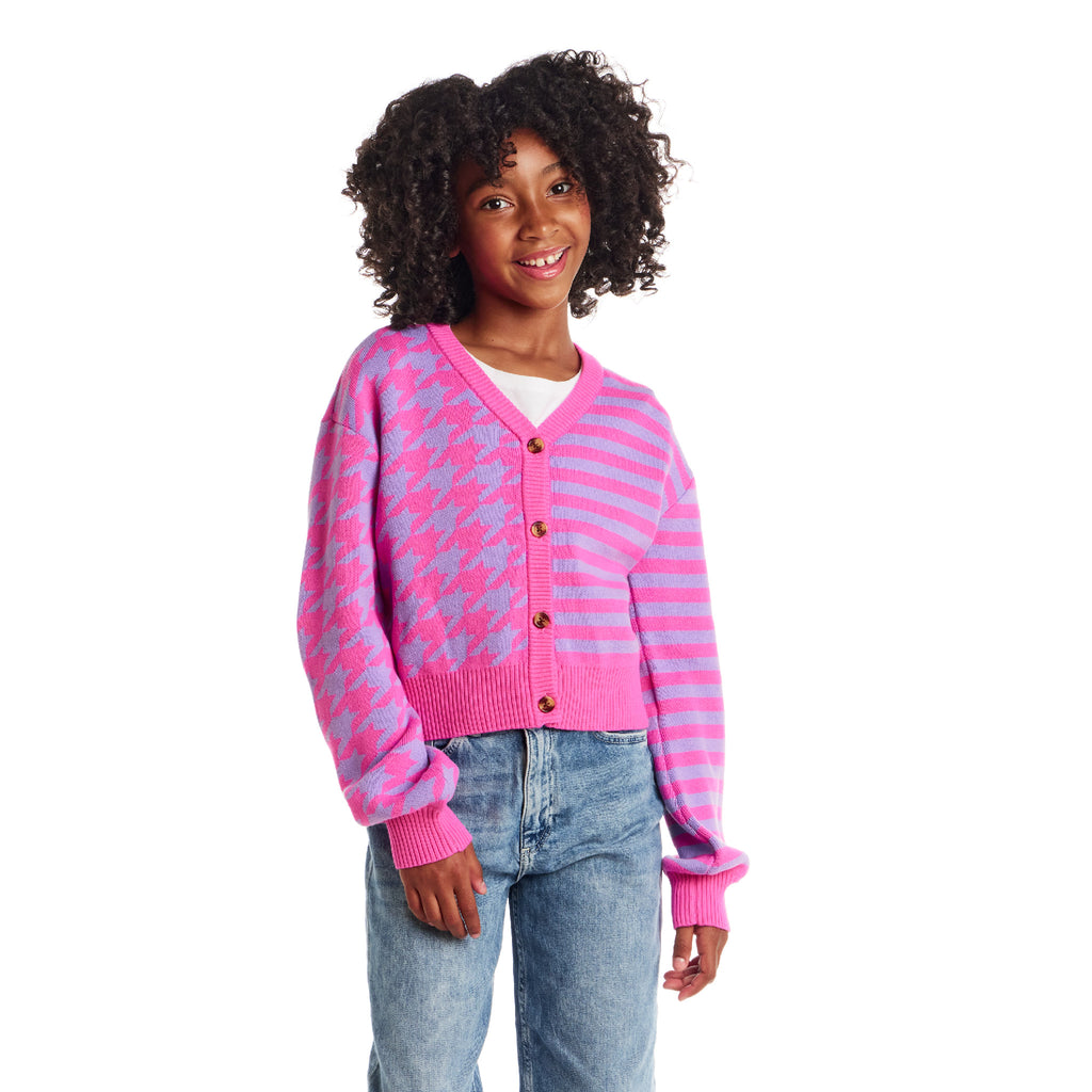 Tween (7-16) Stripe Cardigan | Pink Houndstooth - Andy & Evan