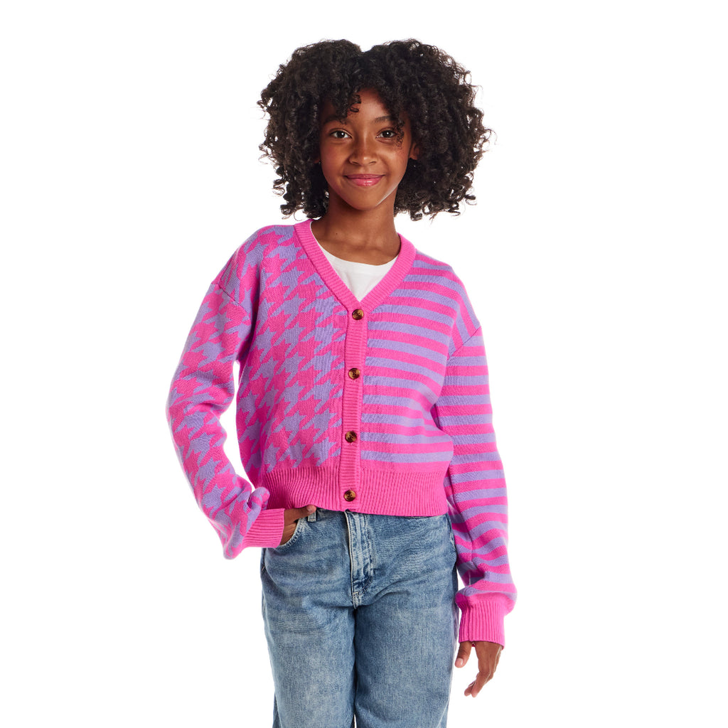 Tween (7-16) Stripe Cardigan | Pink Houndstooth - Andy & Evan