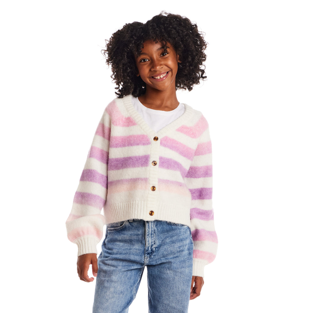 Tween (7-16) Stripe Cardigan | Oatmeal Lavendar - Andy & Evan