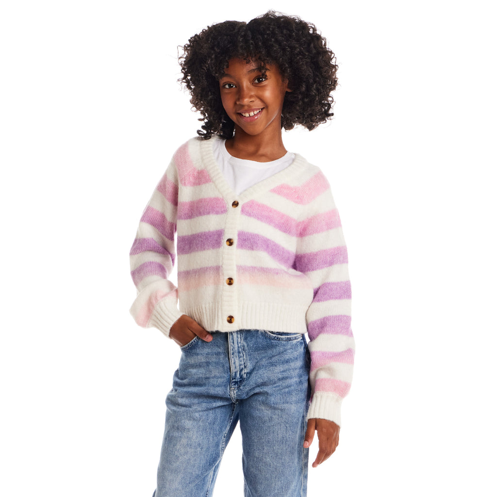 Tween (7-16) Stripe Cardigan | Oatmeal Lavendar - Andy & Evan