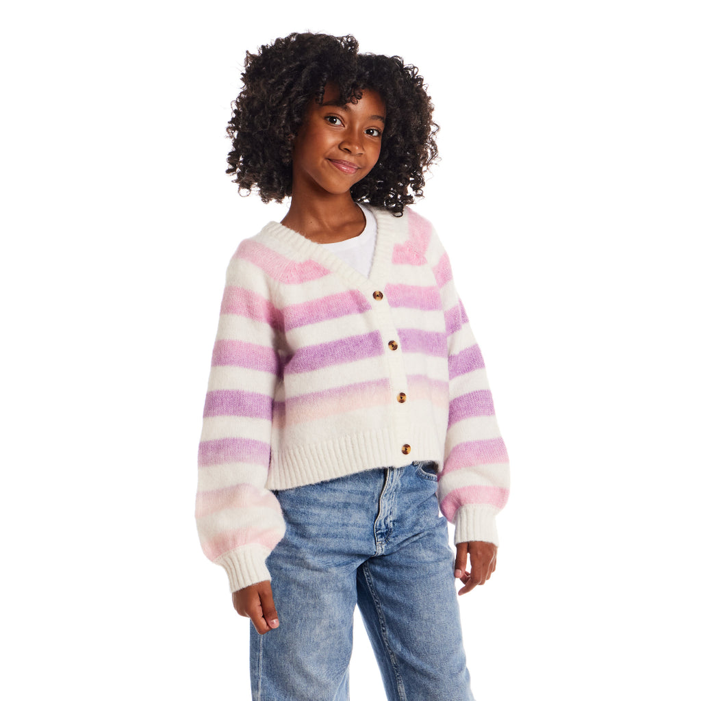 Tween (7-16) Stripe Cardigan | Oatmeal Lavendar - Andy & Evan