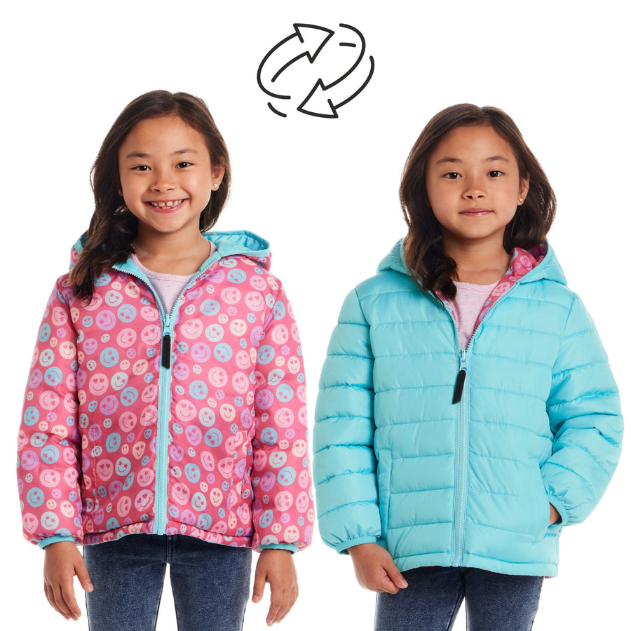 Kids (2-6x) Girls Printed Reversible Puffer Jacket | Pink Smiley