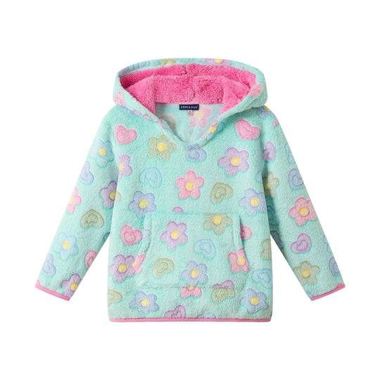 Kids Floral Plush Hoodie | Aqua