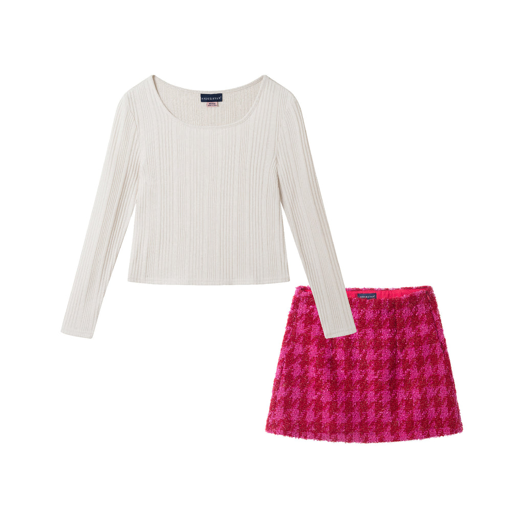 Tween (7-16) Ribbed Top & Houndstooth Skirt Set | Ivory & Pink - Andy & Evan