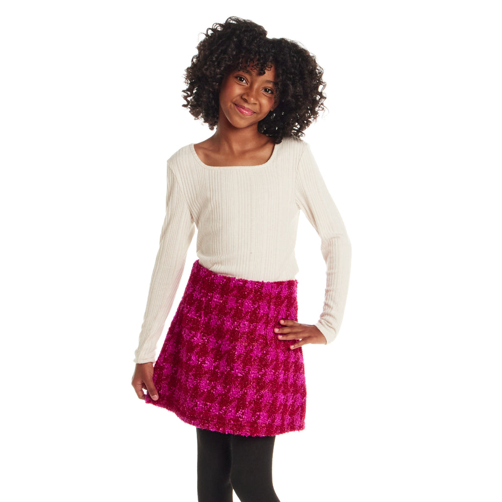 Tween (7-16) Ribbed Top & Houndstooth Skirt Set | Ivory & Pink - Andy & Evan