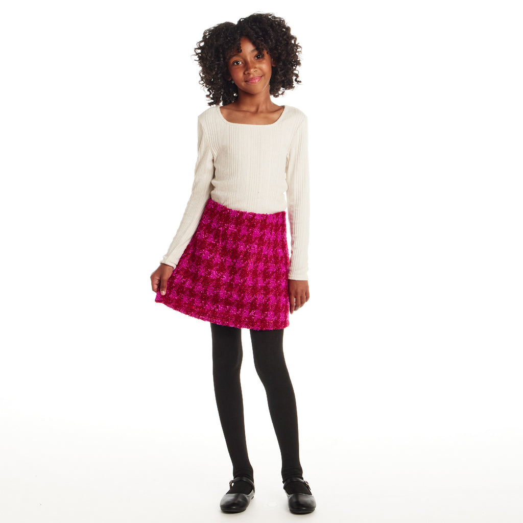 Tween (7-16) Ribbed Top & Houndstooth Skirt Set | Ivory & Pink - Andy & Evan