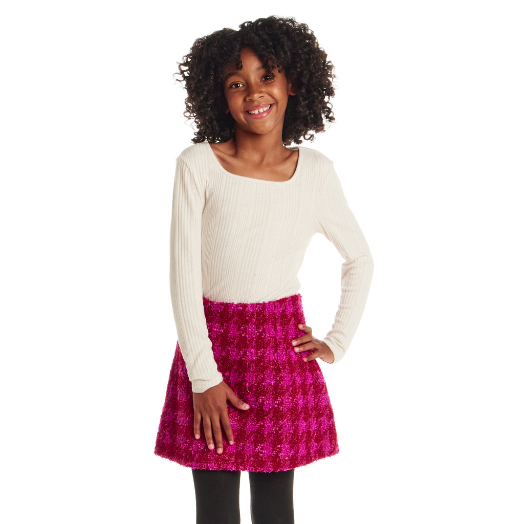 Tween (7-16) Ribbed Top & Houndstooth Skirt Set | Ivory & Pink - Andy & Evan