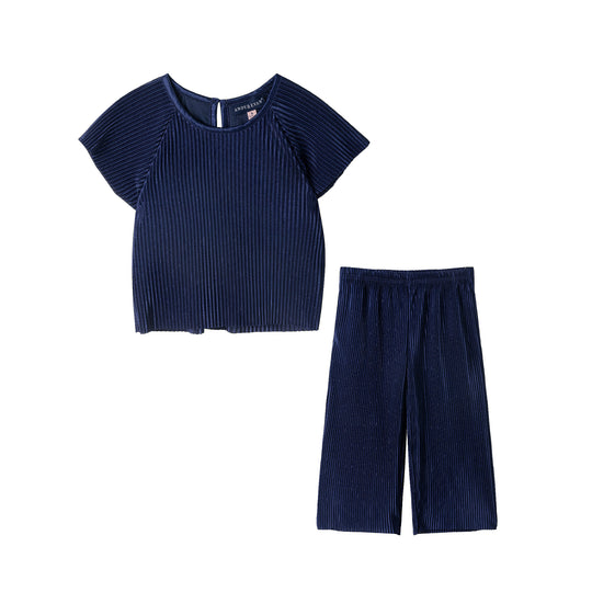 Girls Dressy Pant Set | Navy Plisse