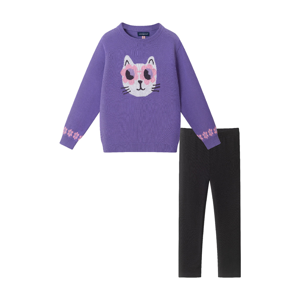 Kids Sweater & Legging Set | Purple Kitty Sunglasses - Andy & Evan