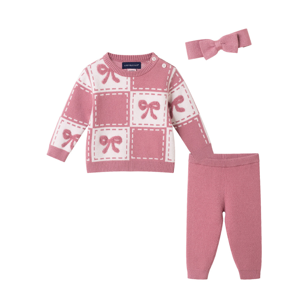 Infant Chenille Sweater Set with Headband | Pink Bows - Andy & Evan