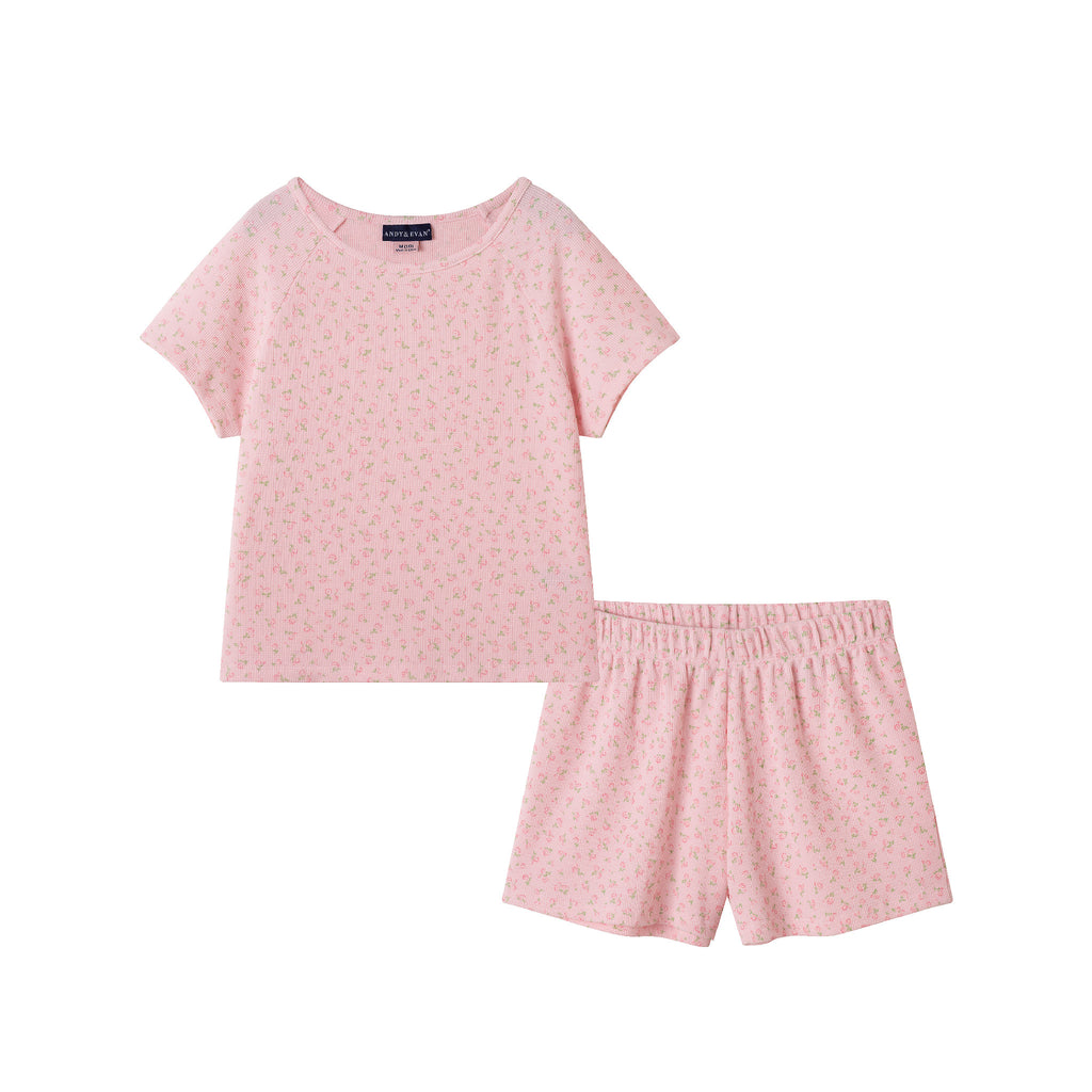 Tween (7-16) Waffle Short Sleeve Pajama Set | Floral Pink - Andy & Evan