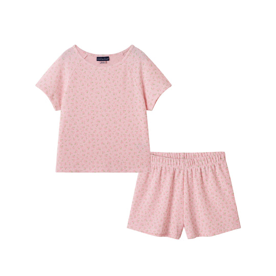 Tween (7-16) Waffle Short Sleeve Pajama Set | Floral Pink