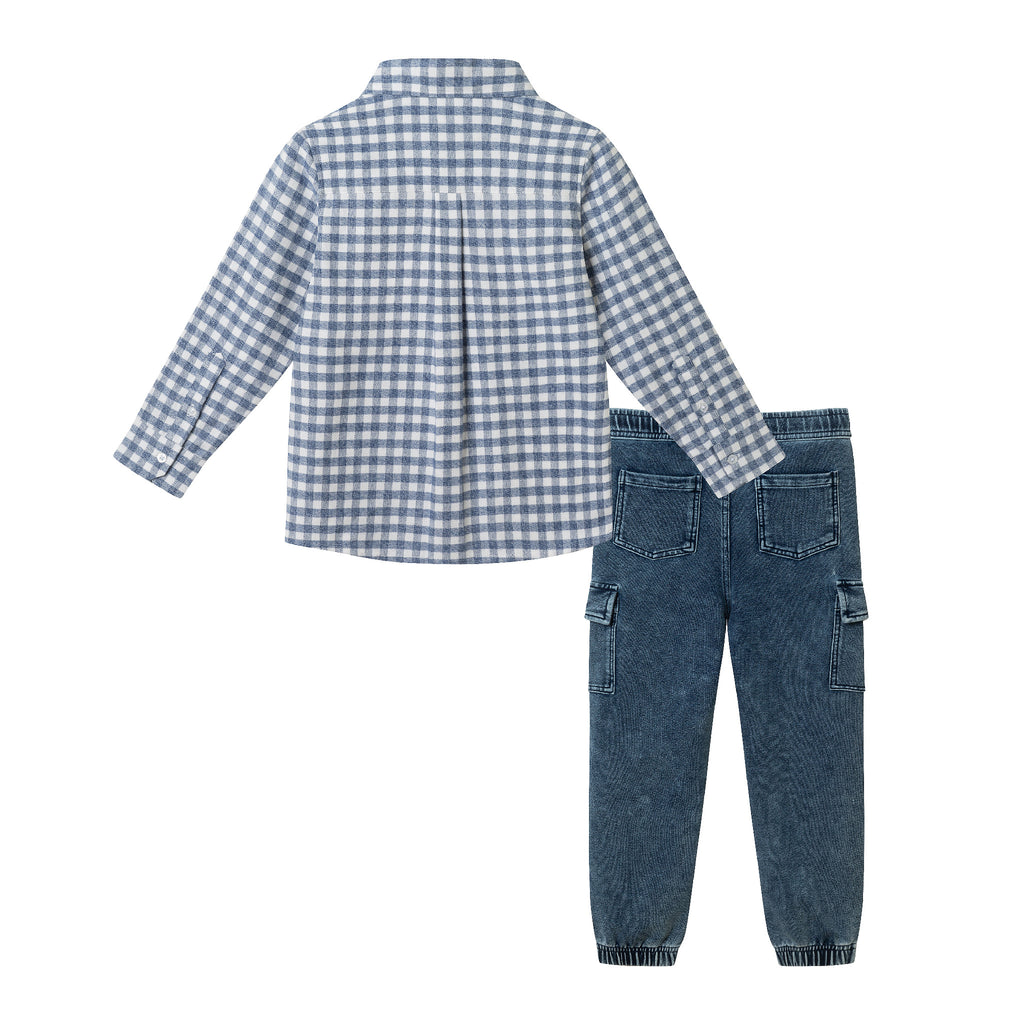 Kids Buttondown & Knit Denim Jogger Set | Grey Gingham - Andy & Evan