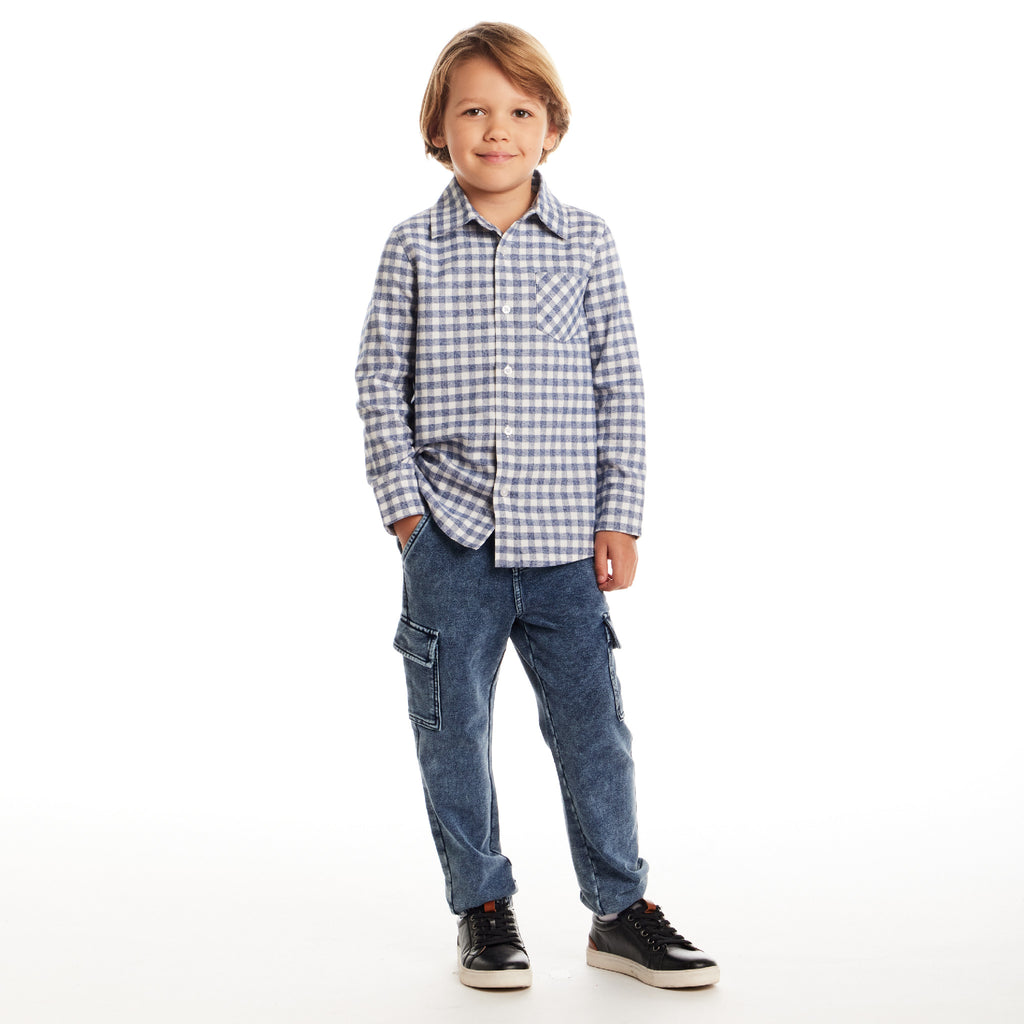 Kids Buttondown & Knit Denim Jogger Set | Grey Gingham - Andy & Evan