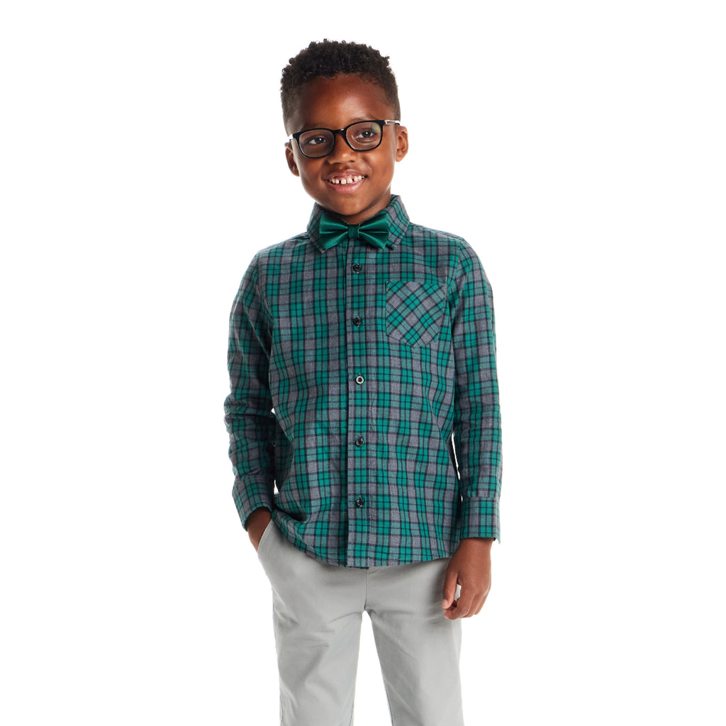 Kids Plaid Buttondown & Bowtie Set | Green Plaid - Andy & Evan