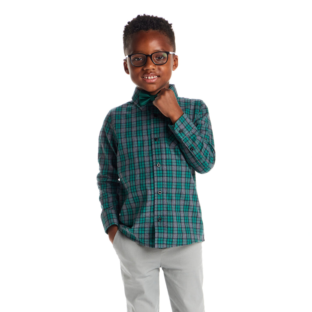 Kids Plaid Buttondown & Bowtie Set | Green Plaid - Andy & Evan