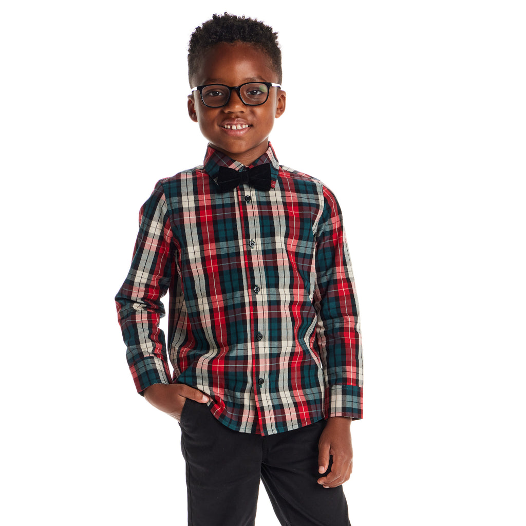 Kids Plaid Buttondown & Bowtie Set | Red Holiday - Andy & Evan