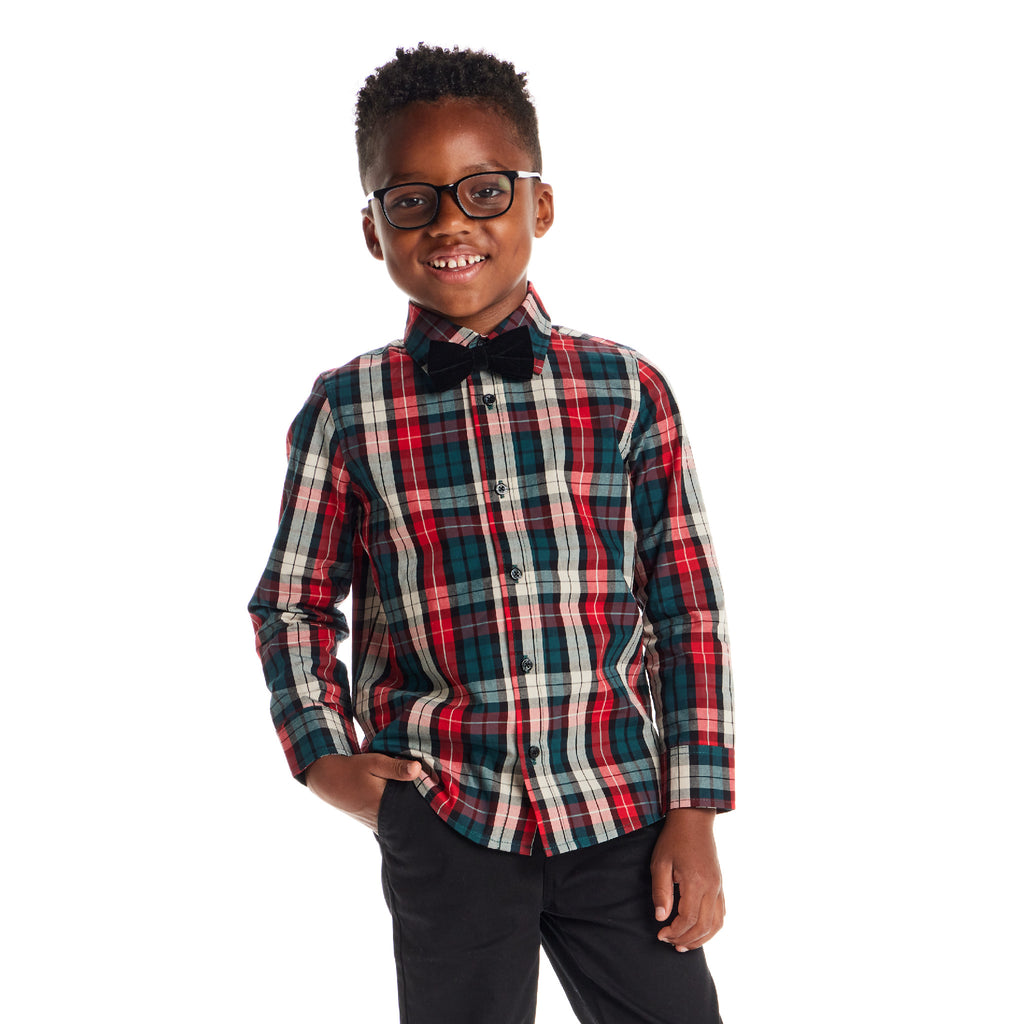 Kids Plaid Buttondown & Bowtie Set | Red Holiday - Andy & Evan