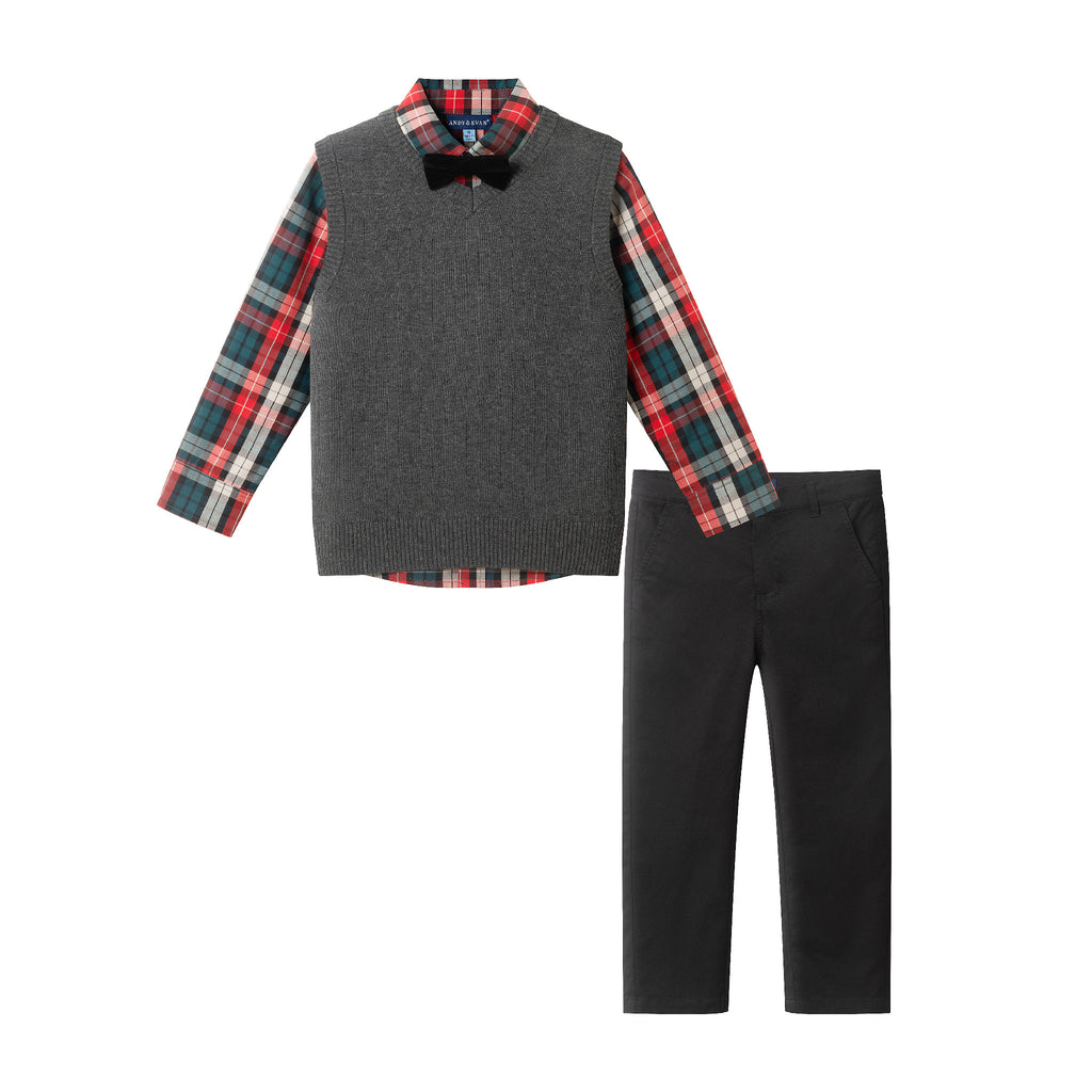 Kids 3-Piece Sweater Vest Set with Bowtie | Red Plaid - Andy & Evan
