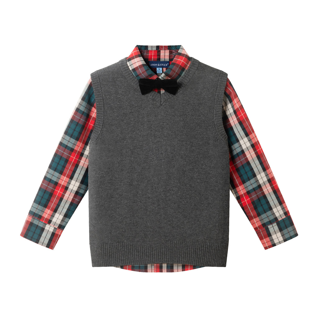 Kids 3-Piece Sweater Vest Set with Bowtie | Red Plaid - Andy & Evan