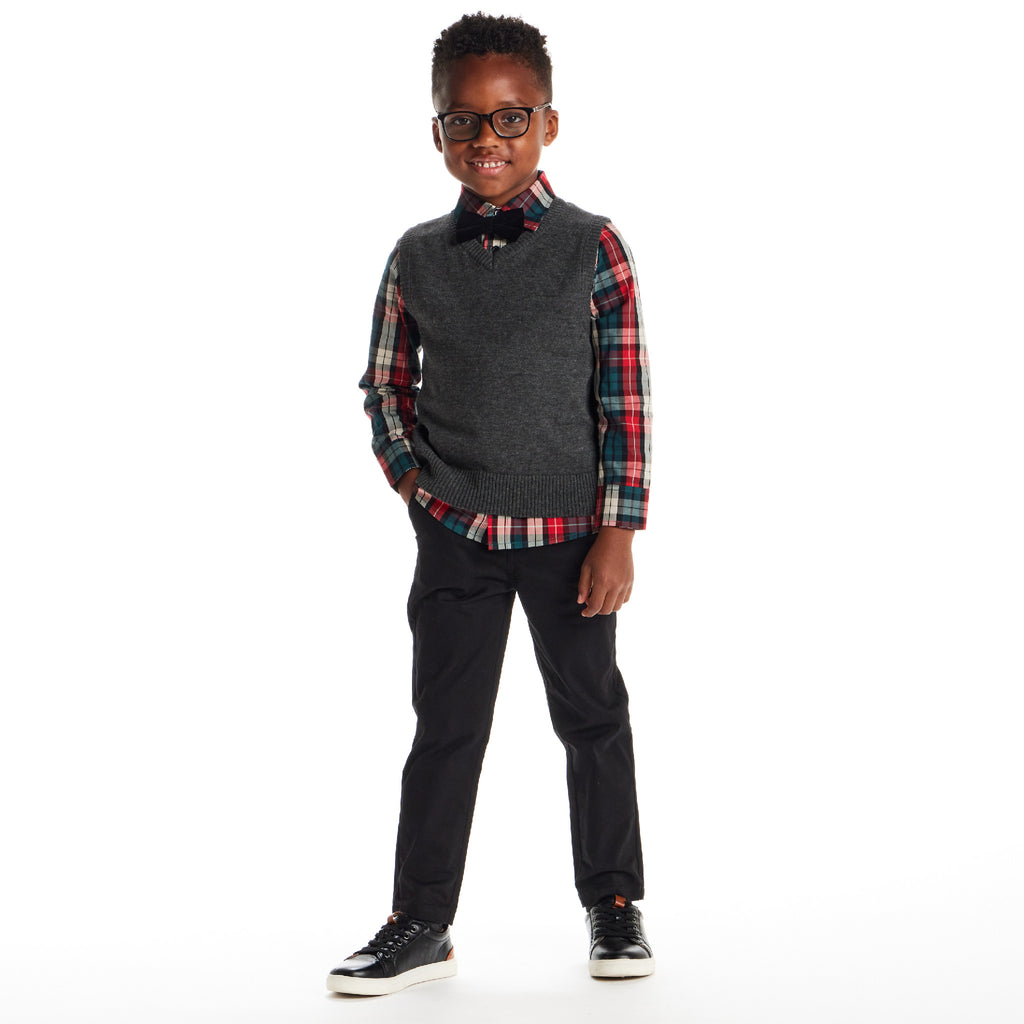 Kids 3-Piece Sweater Vest Set with Bowtie | Red Plaid - Andy & Evan