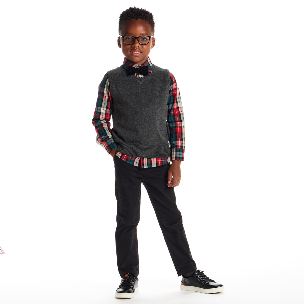 Kids 3-Piece Sweater Vest Set with Bowtie | Red Plaid - Andy & Evan